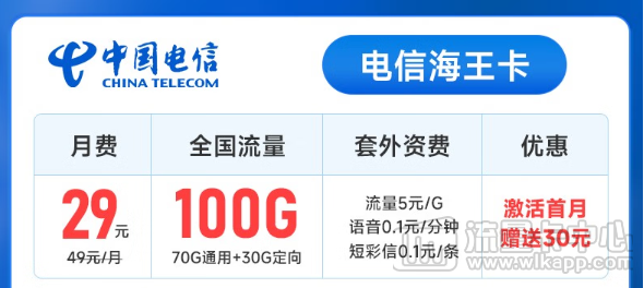 电信流量卡测评—电信海王卡29元100G-精卡网