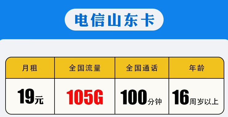 中国移动 【地区卡】山东电信19元包105G全国流量+100分钟通话 长期有效套餐卡-精卡网