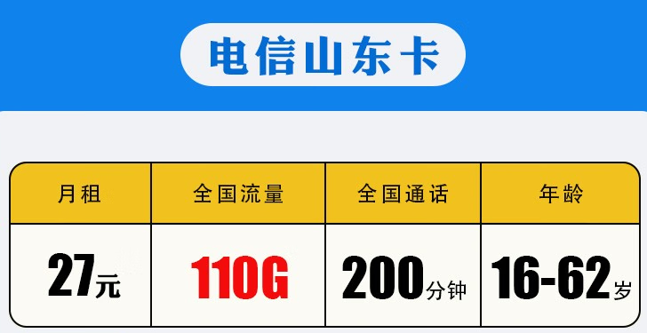 中国移动 【地区卡】山东电信19元包105G全国流量+100分钟通话 长期有效套餐卡