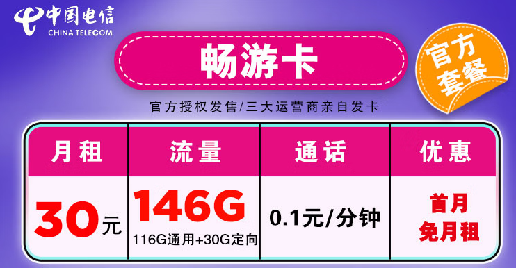 中国电信流量网卡 低月租不限速学生卡畅游卡30元146G+首月免租-精卡网