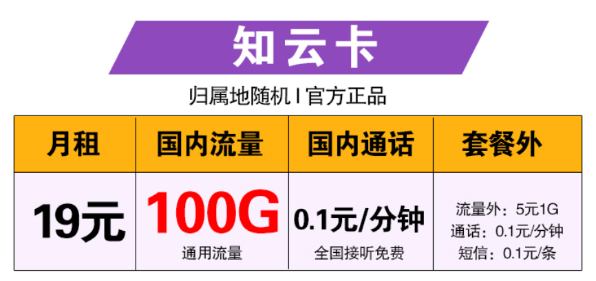 中国移动  知云卡 19元100G全国流量+0.1元/分钟通话 首月免费-精卡网