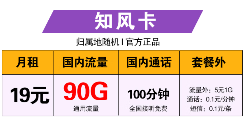 中国移动  知云卡 19元100G全国流量+0.1元/分钟通话 首月免费