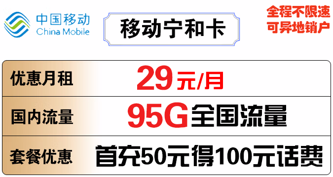 中国移动宁枫卡 仅需19元可享80G全国流量+300分钟语音通话 首冲50得170 可异地销户