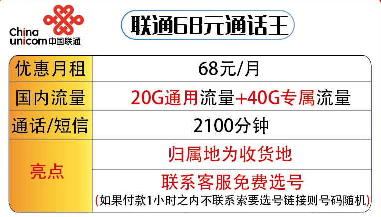济南联通68元通话王套餐 60G流量+2100分钟通话 可选号-精卡网