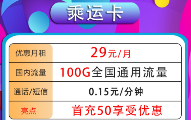 中国电信流量不限速的全国通用流量卡套餐 乘运卡29元100G通用流量-精卡网