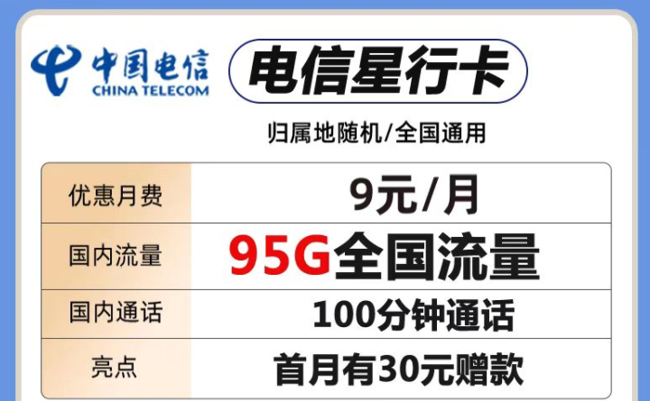 中国电信各档位流量卡套餐推荐 最低仅需9元包含95G全国流量+100分钟语音-精卡网