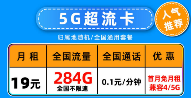 中国联通超能卡19元月租包含110G通用流量+100分钟语音通话长期可用