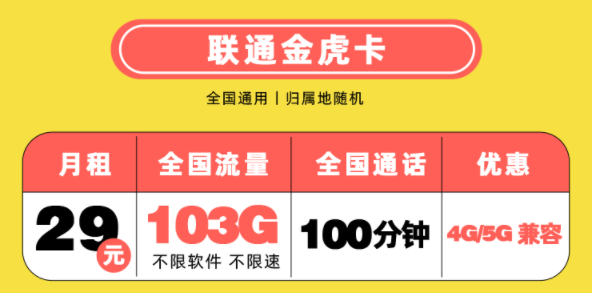中国联通金虎卡介绍 性价比首选103G全国流量+100分钟通话不限速流量卡-精卡网